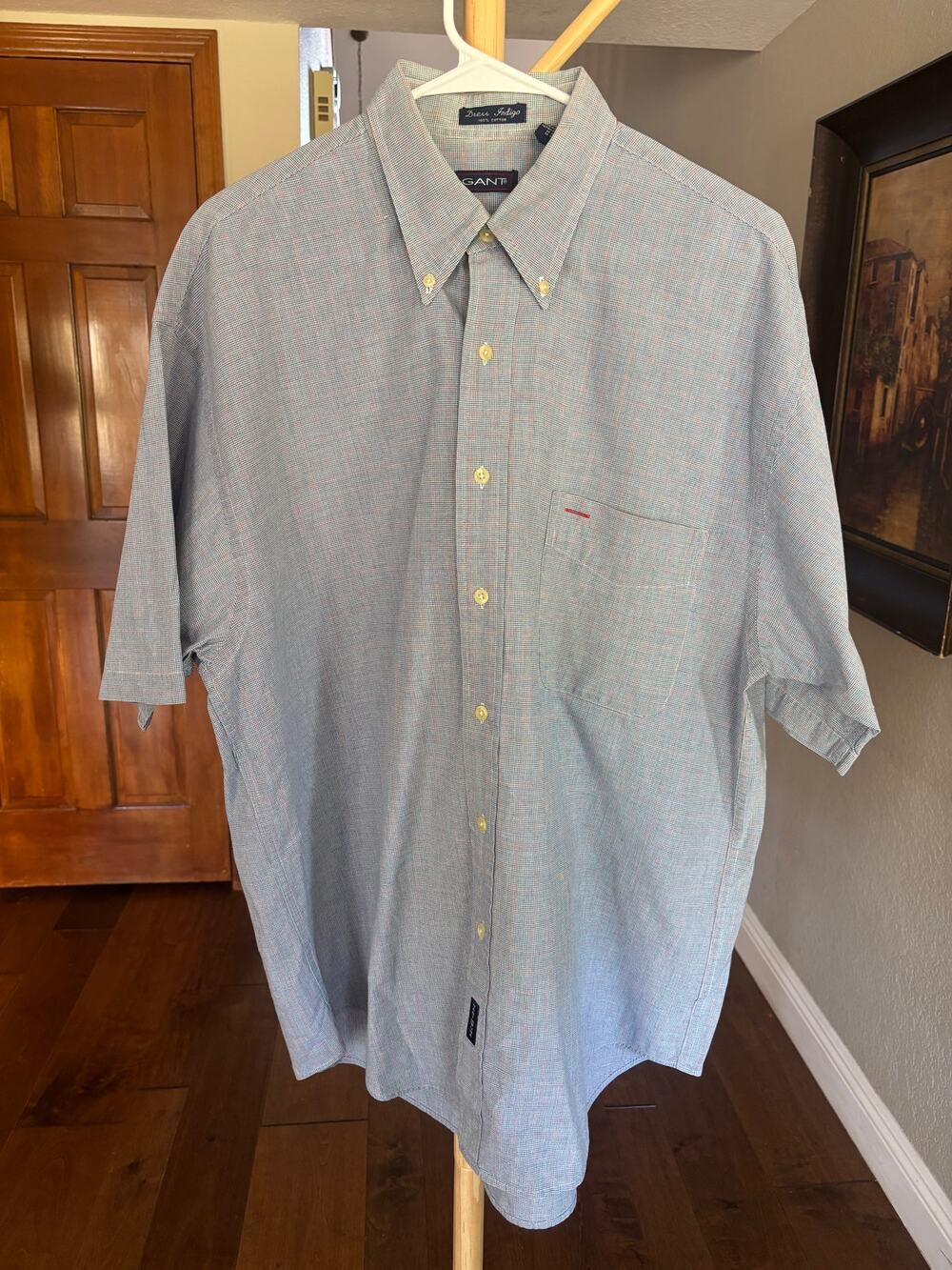 Vintage GANT USA Dress Indigo Short Sleeve Shirt Mens L Blue Houndstooth Check